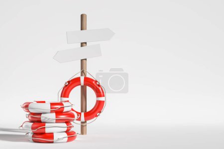 Photo for Road pointer and red lifebuoy, life saving ring on white empty background. Concept of travel and relax. Mockup copy space - Royalty Free Image