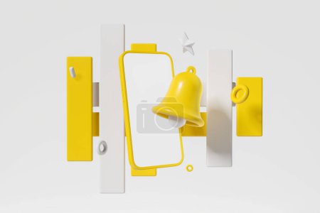 Foto de Teléfono pantalla en blanco maqueta con timbre amarillo sobre fondo blanco. Elementos geométricos abstractos de la web. Concepto de mensaje y notificación. Renderizado 3D - Imagen libre de derechos