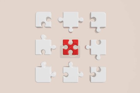 Photo for Row of different puzzles details, non connected elements on beige background. Concept of problem and solution. 3D rendering - Royalty Free Image