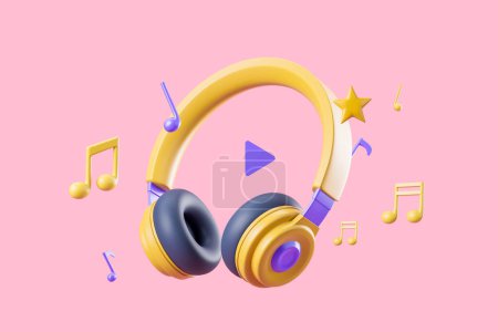 Gelbe Kopfhörer, Noten mit Sternen und Play-Taste. Konzept der Lieder. 3D-Rendering