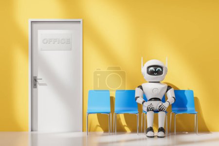 Téléchargez les photos : Candidat robot intelligence artificielle blanc en attente dans la salle d'attente de bureau. Concept de robot et compétition humaine sur le lieu de travail. Rendu 3d - en image libre de droit