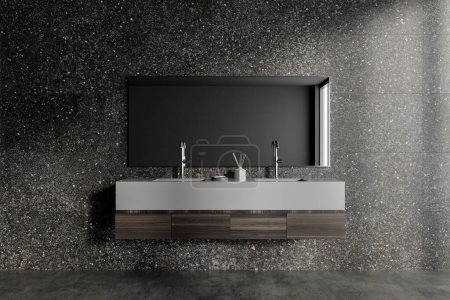 Photo for Interior of stylish bathroom with gray stone walls, concrete floor, massive gray sink standing on dark wooden cabinet and long mirror. 3d rendering - Royalty Free Image