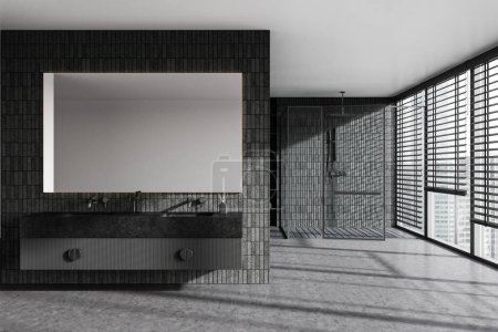 Photo for Interior of stylish bathroom with gray tile walls, concrete floor, comfortable gray double sink with long mirror hanging above it shower stall with glass walls. 3d rendering - Royalty Free Image