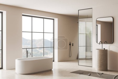 Photo for Corner of modern bathroom with white walls, concrete floor, comfortable white bathtub, round sink with mirror above it and shower stall. Window with mountain view. 3d rendering - Royalty Free Image