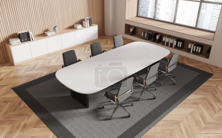 Photo for Top view of modern office meeting room with beige and wooden walls, wooden floor, long conference table with rows of chairs and big window with cityscape. 3d rendering - Royalty Free Image