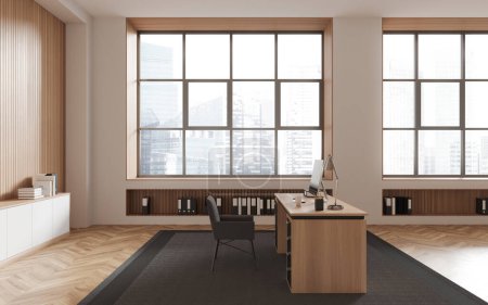Foto de Vista lateral de la moderna oficina CEO con paredes de madera y beige, suelo de madera, cómoda mesa de ordenador con silla y armario con carpetas. renderizado 3d - Imagen libre de derechos