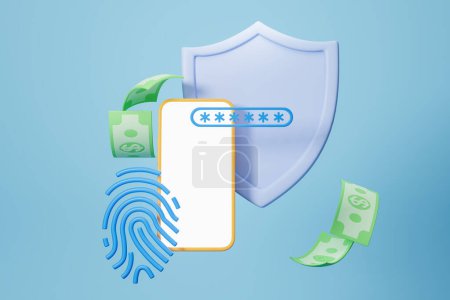 Photo for View of smartphone with mock up screen, shield with fingerprint, password and dollar bills over blue background. Concept of online banking and biometric scanning. 3d rendering - Royalty Free Image
