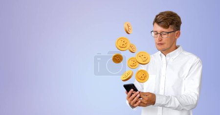Photo for Serious young European businessman holding smartphone with bitcoins floating above it standing over purple background. Concept of cryptocurrency and DEX. Copy space - Royalty Free Image
