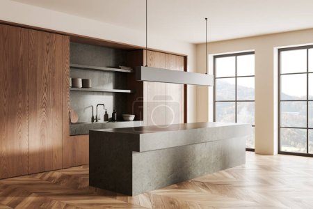 Photo for Corner of modern kitchen with white and wooden walls, wooden floor, cabinets with built in sink and massive stone island. Two windows with mountain view. 3d rendering - Royalty Free Image