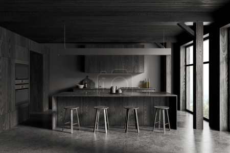 Foto de Interior de la elegante cocina con paredes grises, suelo de hormigón, armarios de madera oscura con cocina integrada y fregadero y barra de bar de madera oscura con taburetes. renderizado 3d - Imagen libre de derechos