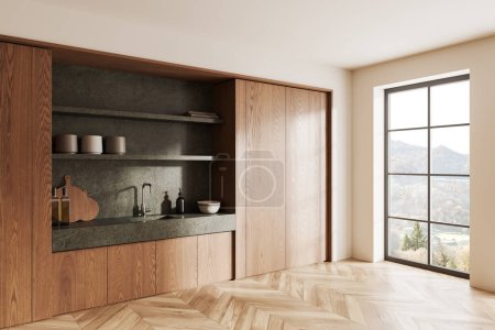Téléchargez les photos : Coin de cuisine moderne avec murs blancs et en bois, plancher en bois, armoires en bois avec comptoirs en pierre et évier intégré. Fenêtre avec vue sur montagne. Rendu 3d - en image libre de droit