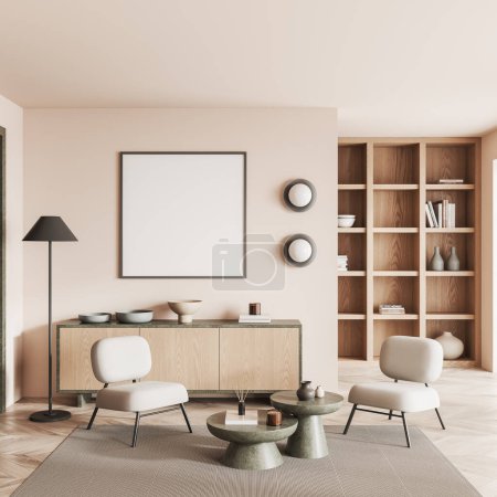 Photo for Interior of modern living room with beige walls, wooden floor, two cozy armchairs, wooden bookcase and dresser with square mock up poster hanging above it. 3d rendering - Royalty Free Image