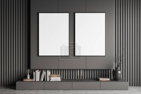 Photo for Dark gallery room interior with long drawer and art decoration, grey concrete floor. Two mock up posters in row. 3D rendering - Royalty Free Image
