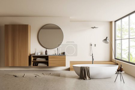 Téléchargez les photos : Intérieur de salle de bain beige avec lavabo et douche sur podium, baignoire près de la fenêtre panoramique sur les tropiques. Commode avec accessoires de bain, sol en béton léger. rendu 3D - en image libre de droit
