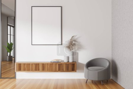 Téléchargez les photos : Salon blanc intérieur avec commode flottante en bois avec décoration, fauteuil dans le coin sur plancher de bois franc. Affiche de toile maquillée, rendu 3D - en image libre de droit