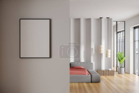 Photo for White bedroom interior bed and nightstand with books, lamp and big plant on hardwood floor. Panoramic window on skyscrapers. Mock up canvas poster. 3D rendering - Royalty Free Image