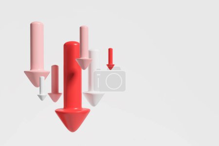 Photo for Multiple red arrows falling on grey background. Concept of crisis and depression. Copy space. 3D rendering - Royalty Free Image