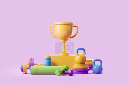 Photo for Workout equipment, dumbbells and kettlebells with mat. Golden winner cup on podium, pink background. Concept of championship. 3D rendering - Royalty Free Image