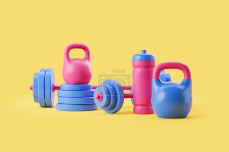 Photo for Bodybuilding and workout equipment set on yellow background. Concept of gym and sport. 3D rendering - Royalty Free Image