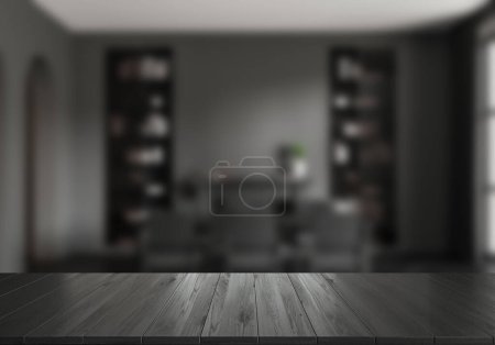 Téléchargez les photos : Bureau en bois noir vide, intérieur sombre de la salle à manger avec chaises et table sur fond flou. Espace de copie de maquette pour l'affichage du produit. rendu 3D - en image libre de droit