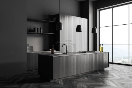 Photo for Dark kitchen interior with bar island, side view, black hardwood floor. Kitchenware with decoration, dresser and cooking corner. Panoramic window on countryside. 3D rendering - Royalty Free Image