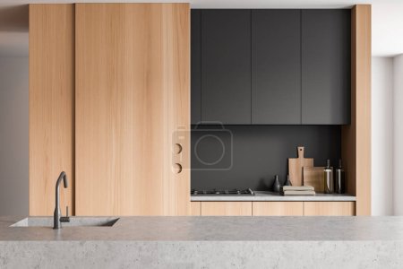 Photo for Light kitchen interior with quartz bar island with sink, kitchenware on minimalist deck. Hidden wooden shelves in stylish cooking space. 3D rendering - Royalty Free Image