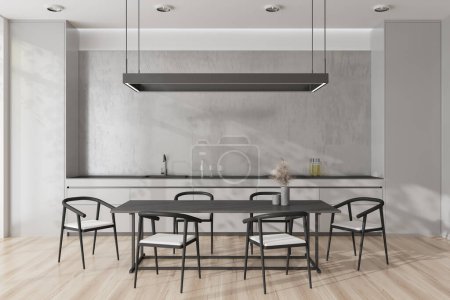 Photo for White kitchen interior with chairs and eating table on hardwood floor. Kitchenware and decoration, stylish dining and cooking area with modern design. 3D rendering - Royalty Free Image