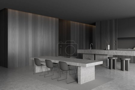 Photo for Corner view on dark kitchen room interior with island, barstools, cupboard, wooden wall, dining table with chairs, concrete floor, crockery, sink. Concept of minimalist design. 3d rendering - Royalty Free Image