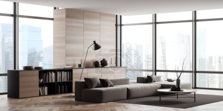 Photo for Wooden living room interior with sofa, side view, coffee table and dresser with decoration on hardwood floor. Stylish relax area with panoramic window on Singapore city view. 3D rendering - Royalty Free Image