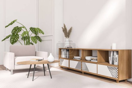 Photo for Corner view on bright living room interior with armchair, coffee table, sideboard, white wall, wooden floor, carpet, houseplant, books, crockery. Concept of minimalist design, modern art. 3d rendering - Royalty Free Image