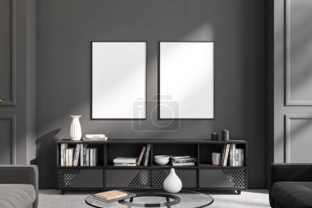 Photo for Dark living room interior with sideboard and art decoration, sofa and coffee table on grey concrete floor. Two mock up posters in row. 3D rendering - Royalty Free Image