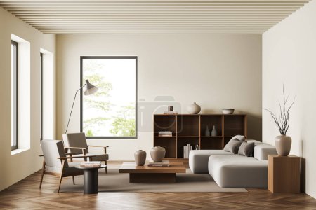 Foto de Interior de la sala de estar beige con sofá y sillones, mesa de centro y estante con decoración, alfombra en suelo de madera. Ventana panorámica de los trópicos. Renderizado 3D - Imagen libre de derechos