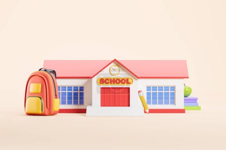 Foto de Edificio de la escuela de dibujos animados, mochila con lápiz y pila de libros sobre fondo beige. Concepto de educación y aprendizaje. Renderizado 3D - Imagen libre de derechos