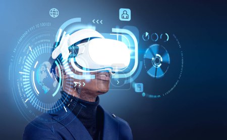Photo for Black businessman portrait in vr glasses headset, digital hologram hud with virtual screen, earth sphere and binary. Concept of futuristic technology and metaverse - Royalty Free Image