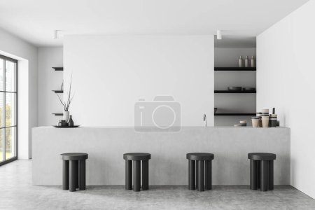 Photo for Front view on modern bright cafe interior with empty white wall, panoramic window, coffee cups, bar counter with barstools, shelf with crockery, concrete floor. Concept of minimalist design. 3d rendering - Royalty Free Image