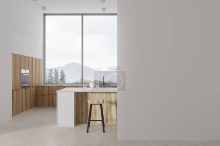 Téléchargez les photos : Élégant intérieur de cuisine maison avec îlot de bar, étagères en bois avec ustensiles de cuisine. Coin cuisine et salle à manger blanc avec fenêtre panoramique et cloison vierge maquillée. rendu 3D - en image libre de droit