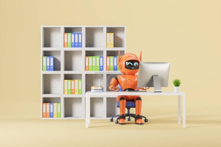 Foto de Vista de robot naranja de inteligencia artificial usando computadora en la oficina con librería y carpetas sobre fondo amarillo. Concepto de aprendizaje automático y empleo. renderizado 3d - Imagen libre de derechos