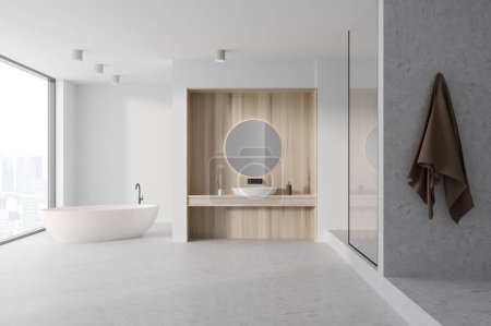 Téléchargez les photos : Accueil salle de bain intérieur avec lavabo et baignoire près de la fenêtre panoramique sur les gratte-ciel de Paris. Salle de bain avec douche et serviette au mur, accessoires minimalistes. rendu 3D - en image libre de droit