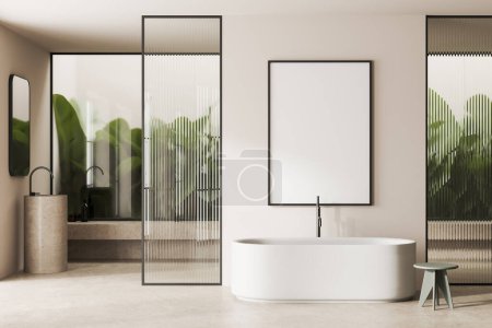 Téléchargez les photos : Intérieur de salle de bain moderne avec murs blancs, sol en béton, baignoire blanche confortable, lavabo rond avec miroir et cadre vertical maquette affiche. Rendu 3d - en image libre de droit