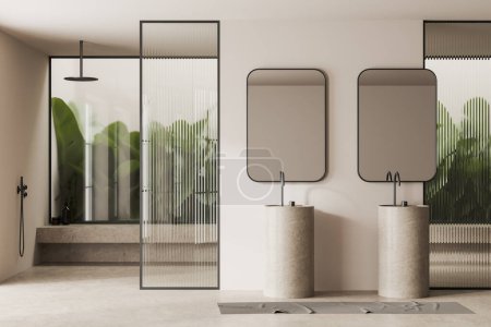 Téléchargez les photos : Intérieur de salle de bain moderne avec murs blancs, sol en béton, deux lavabos ronds avec miroirs au-dessus d'eux et cabine de douche avec mur de verre. Rendu 3d - en image libre de droit