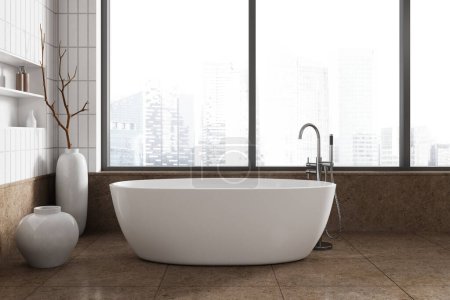 Photo for Stylish hotel bathroom interior with bathtub, luxury bathing space with decoration and accessories, beige tile concrete floor. Panoramic window on Singapore skyscrapers. 3D rendering - Royalty Free Image