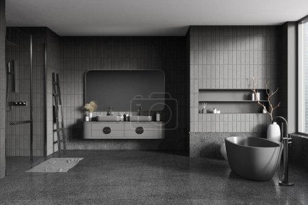 Téléchargez les photos : Intérieur de salle de bain sombre avec baignoire, double lavabo et douche derrière des portes vitrées. Espace de bain moderne accessoires minimalistes et fenêtre panoramique. rendu 3D - en image libre de droit