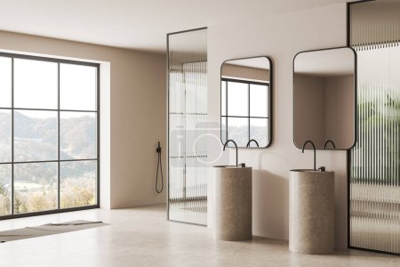 Foto de Esquina de baño moderno con paredes blancas, suelo de hormigón, dos lavabos redondos con espejos encima de ellos y cabina de ducha con pared de vidrio. Ventana con vista a la montaña. renderizado 3d - Imagen libre de derechos