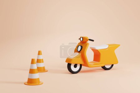 Photo for Stripped plastic cones and motorbike on empty beige copy space background. Concept of driving school, lesson, traffic and scooter. 3D rendering illustration - Royalty Free Image