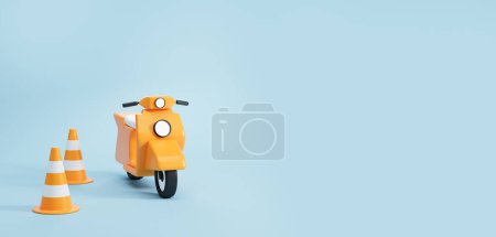 Photo for Stripped plastic cones and motorcycle on empty blue copy space background. Concept of driving school, license, traffic and scooter. 3D rendering illustration - Royalty Free Image