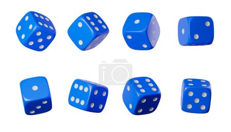 Foto de Conjunto de ocho dados azules con puntos blancos en fila, mostrando diferentes números en el fondo vacío en blanco. Concepto de suerte, prueba y juegos en línea. Ilustración de representación 3D - Imagen libre de derechos