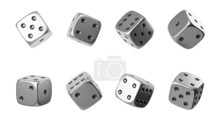 Foto de Set de ocho dados plateados con puntos negros colgando con diferentes números sobre fondo blanco vacío. Concepto de ganar, azar y juego en línea. Ilustración de representación 3D - Imagen libre de derechos