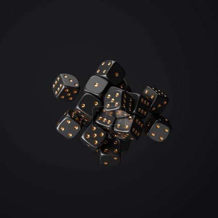 Foto de Montón de dados negros con puntos dorados colgando, mostrando diferentes números sobre fondo oscuro. Concepto de juego, casino, juego y suerte. Ilustración de representación 3D - Imagen libre de derechos