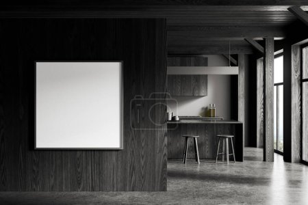 Foto de Interior de la elegante cocina con paredes grises, suelo de hormigón, armarios de madera oscura con cocina incorporada y barra de bar de madera oscura con taburetes. Cuadrado maqueta de póster a la izquierda. renderizado 3d - Imagen libre de derechos