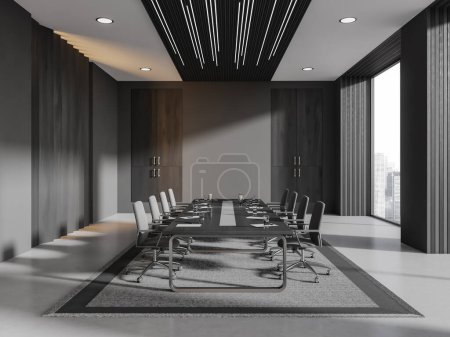 Photo for Interior of stylish meeting room with gray and dark wooden walls, concrete floor, long conference table with gray chairs standing on gray carpet. 3d rendering - Royalty Free Image